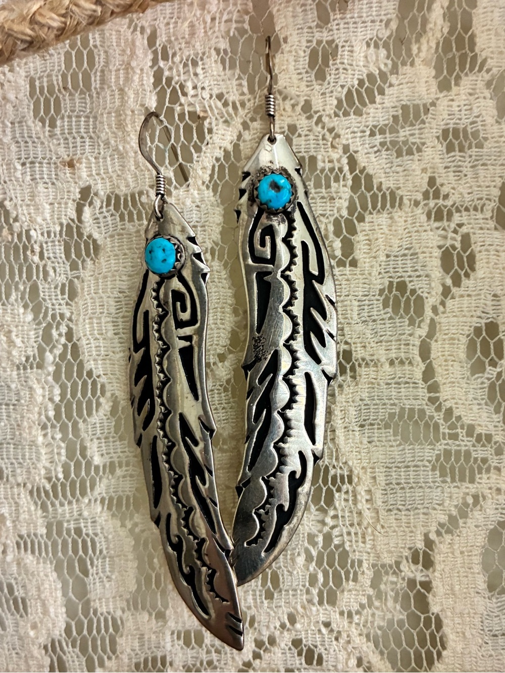 Silver Feather Drop Earrings with Turquoise Accent